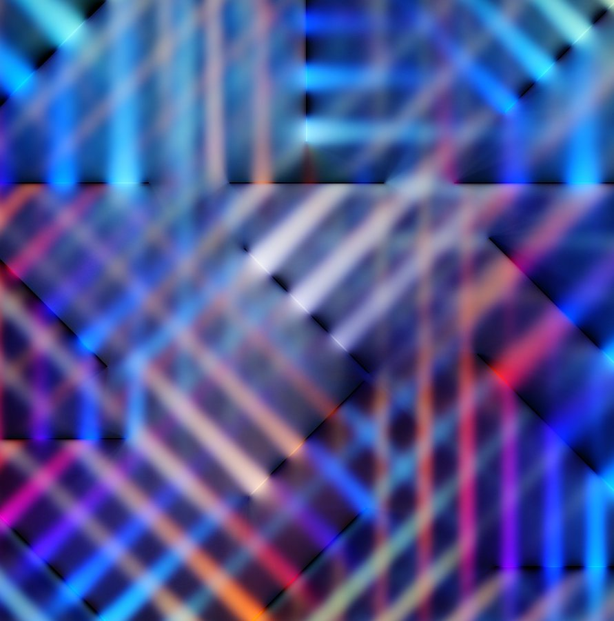 A square abstract reference is divided into irregular dark quadrilateral panels. Soft cyan, blue, magenta, red, and pale diagonal strokes cross within the panels, with changes in direction and density held together by a dark luminous palette.