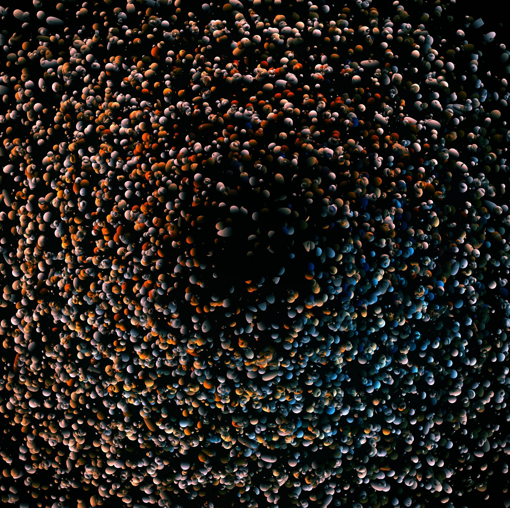 A dense square reference contains thousands of softly rounded pebble and capsule forms floating on black. Their sizes, orientations, and spacing vary locally; warm pink and orange highlights gather toward the left and upper areas while cool blue highlights gather toward the lower right. Deep shadow leaves irregular voids between clusters.